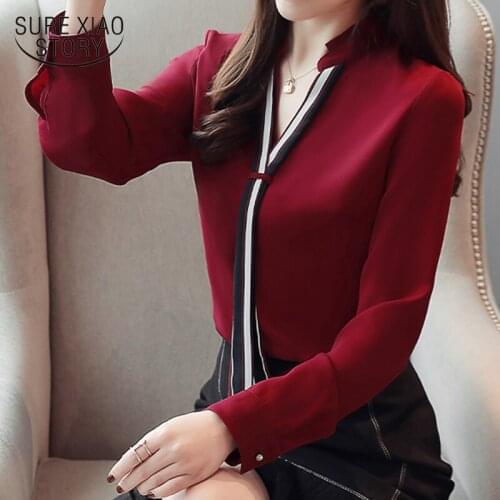 Blusas Mujer New Stand Collar Pullover Blouse Women Tops Chiffon Office Lady Long Sleeve White Red Womens Blouse Shirt 6469 50