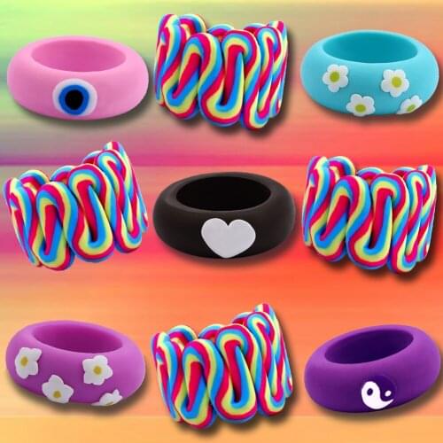 Bohemia Colorful Clay Stripe Twisted Wide Rings For Women Handmade Ceramic Love Heart Flower Yin Yang Ring Ins New Jewlery Gifts