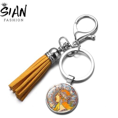 SIAN Novelty Alphonse Mucha Nouveau Art Painting Keychain Creative Illustration Colorful Tassel Key Chains Women Handbag Charms