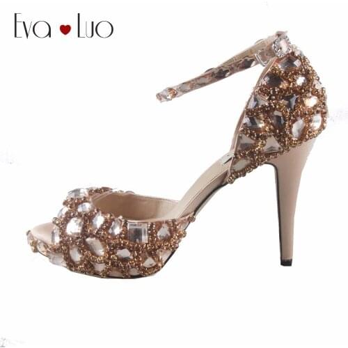 CHS838 Custom Handmade Champagne Gold Rhinestones Crystal Bridal Wedding Shoes Dress Pumps Two-Piece Women High Heel Shoes