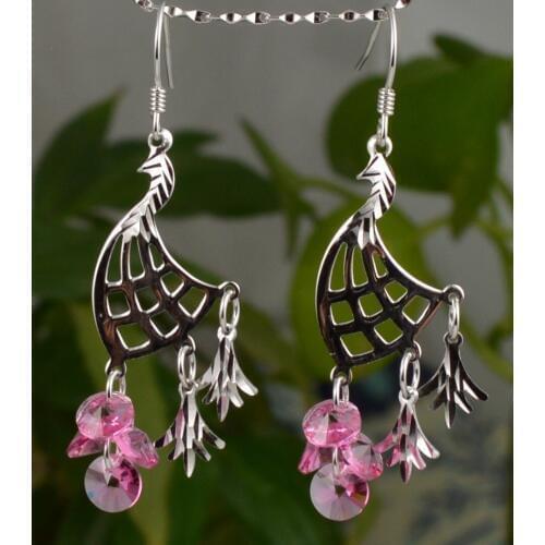 Guarantee Plain 925 Sterling Silver, Crystal Peacock Earrings, 55 mm, 3.2g, EA31087-pink