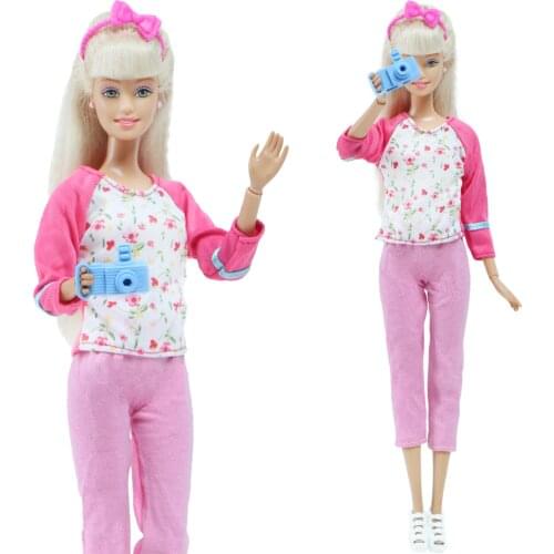 High Quality Doll Outfit 5 Pcs Set Flower Blouse Pink Trousers Home Wear Clothes Shoes Camera Hair Band Accessories for Barbie
