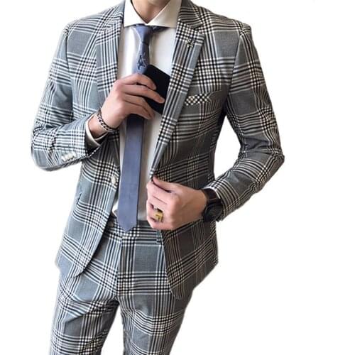 Blazer Pants Two Piece Suit Set / Spring New British Style Mens Slim Business Fashion Banquet Plaid Blazers Jacket Trousers