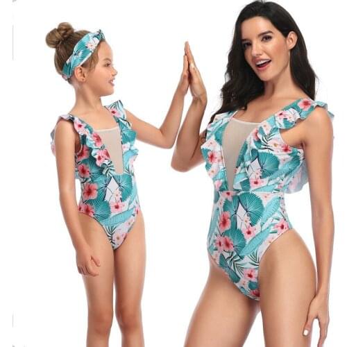 2021 New Style Flower Summer Mother Daughter Vacation Sandy Beach Bikini Suits Family Matching Outfits Swimming Clothing