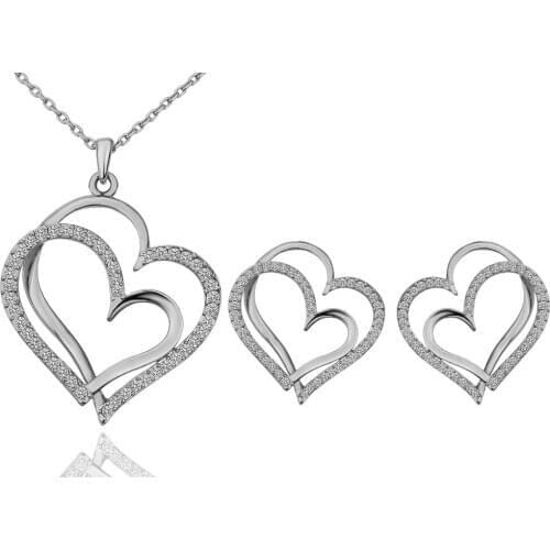 Fashion Romantic Double Love Heart Rhinestone Choker Chain Necklace Earring Sets For Women Jewelry Gift