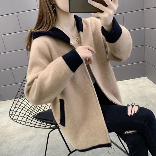 2021 Autumn and Winter Thick Imitation Mink Fur Sweater Coat New Womens Loose Long-sleeved Hooded Knitted Sweater Cardigan N35