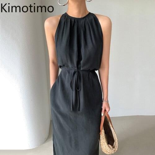 Kimotimo Solid Sleeveless Dress for Women Summer Simplicity Off-shoulder Halter Waist Belt Long Dresses Korean Loose Fashion