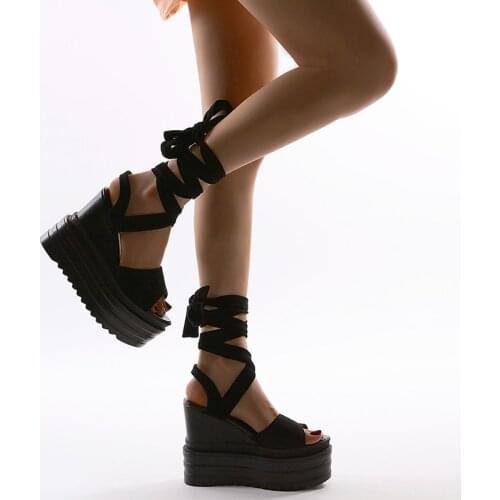 Cross-tied Lace Up Gladiator Sandals Women Knee High Heels Shoes Platform Wedges Sandals Flock Black Roman Style