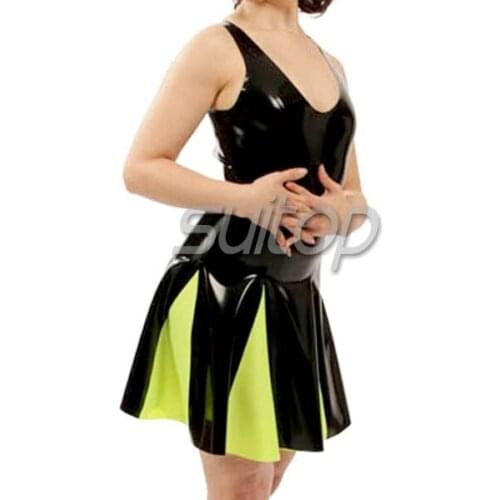 Rubber sundress latex pinafore dress with stocking black and green color Suitop lovely