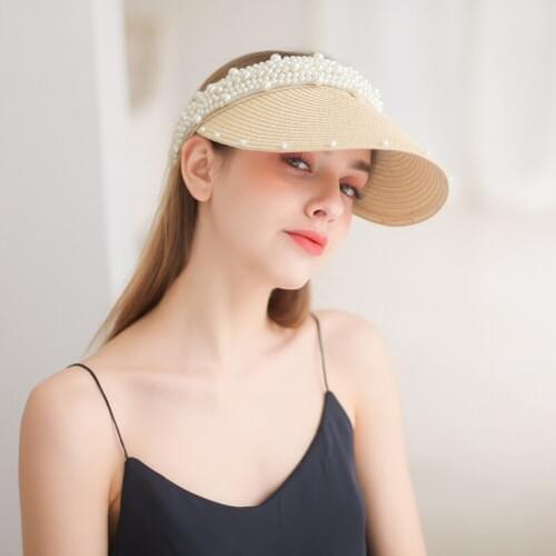Pearl Straw Empty Top Caps Outdoor Breathable Travel Hats Anti-UVPearl Visor Female Holiday Beach Hat Ladies Summer Shade Caps