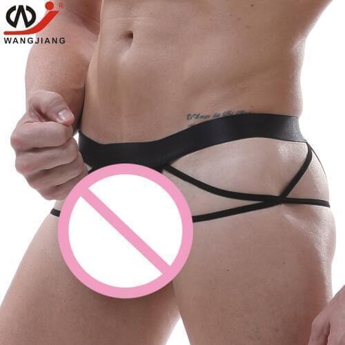 Mens Faux Leather Thongs Sexy Mens Mesh Transparent G-String Imitation Leather Erotic Jockstrap Underwear Penis Pouch Bikini