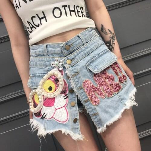 Thailand Style streetwear fashion 2019 summer cartoon Appliques letter sequins fake two pieces thin cowboy Short Jeans Pants
