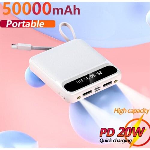 Mini Power Bank 50000mAh with Digital Display Fast Charger Built-in Charging Cable Portable External Battery for Xiaomi IPhone