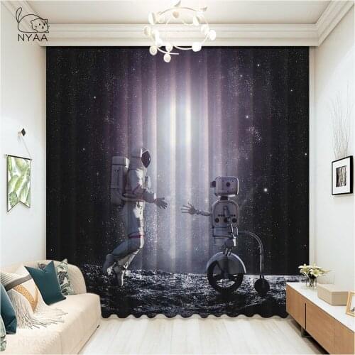 Astronaut In Magic Blue Galaxy Curtain Cartoon Curtains For Living Room Pastoral Curtains For Kitchen Windows Micro Shading