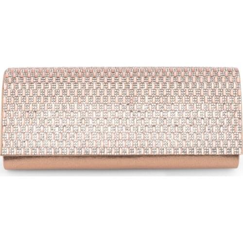 Woman Glittery Satin Evening Clutch Bag Rhinestones Slim Paillette Decor Formal Handbag Shoulder Bag For Wedding Party Rose Gold