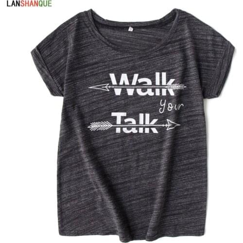 Walk your Talk Print Women tshirt Casual Short Sleeve Funny T-shirt for Lady Girl Letter Print Top Tee Black White M-3XL