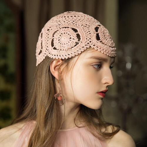 Women Beanie Hat Hand-woven French Retro Crocheted Skullies Hats Ladies Spring Summer Thin Lace Breathable Knitted Cap H6767