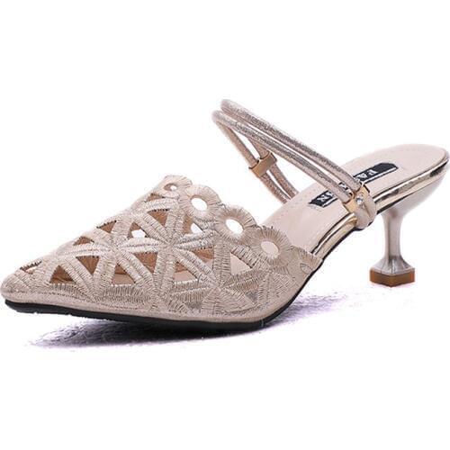 Women Sandals New High-heeled Wild One Shoes Two Wearing A Half Bag Dragging Empty Embroidery Thread Stiletto