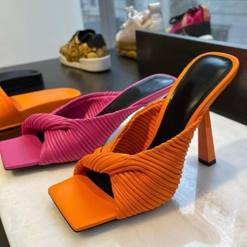 New Arrival Square Peep Toe Thin High Heels Women Slippers 2021 Summer Bowfold Runway Slides Real Leather Celebrity Mules Woman