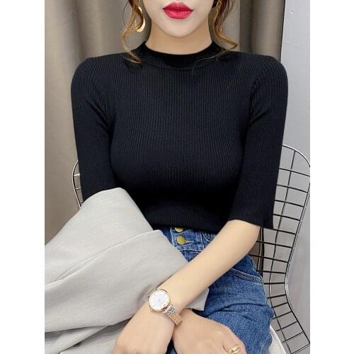 Summer Mock Neck Short Sleeve Women Ice Silk Pullover Ladies Thin Knitted Tops Simple Solid Color Casual Elastic Sweater