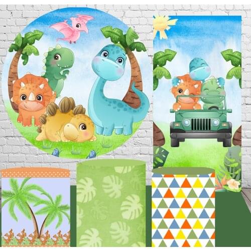 Watercolor Jurassic Cartoon Dinosaur Round Circle Background Baby Shower Birthday Backdrop Kids Party Decor Table Plinth Covers
