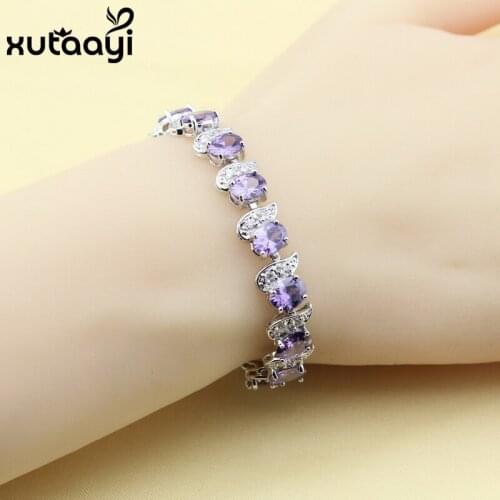 Hot Sell Fashion Silver colorJewelry Purple Cubic Zirconia White Austrian Crystal Chain-Link Bracelet length 18+2cm For Women