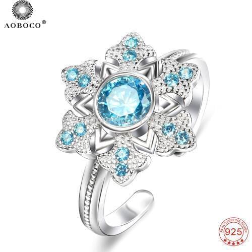 Rings Women Snowflake Pattern Real Pure 925 Sterling Silver Ring Shiny Blue Open Adjustable Engagement Rings For Women GNJ0559