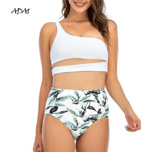 High Waist Bikini Print One-Shoulder Hollow Out 2 Piece Set Summer Push Up Swimwear Panty White Swimsuit Women Bathing Suits