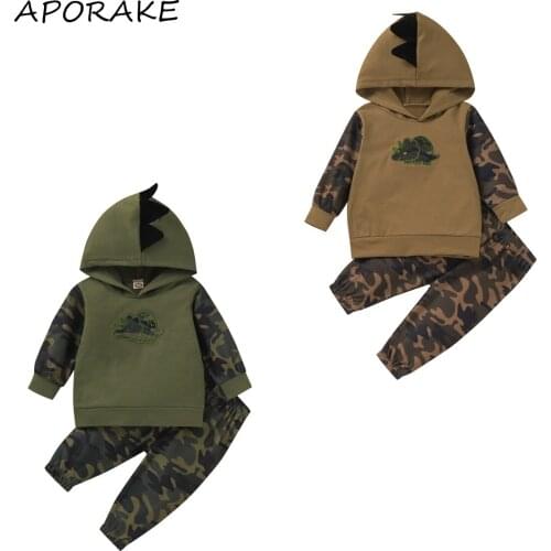 2021 3-24M Baby Boys Camouflage Clothes Set Spring Fall Dinosaur Print Long Sleeve Hooded Tops+Harem Trousers Casual 2pcs