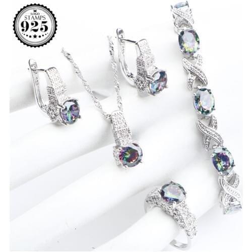 Natural Rainbow 925 Sterling Silver Jewelry Sets Zircon Wedding Earrings For Women Stones Bracelet Necklace Rings Set Gifts Box
