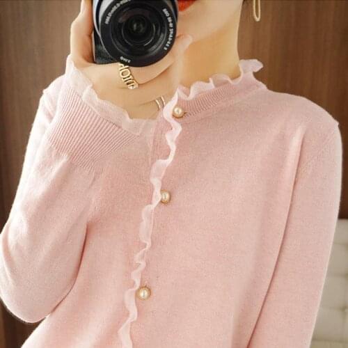Small fresh short knitted cardigan women spring and autumn 2021 new style Korean lace outer sweater cardigan