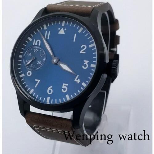 New 42mm Sterile Sapphire Crystal Black And White Blue Green Dial Fit ETA 6497 Manual Winding Mens Watch Leather Strap
