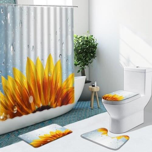 Sunflower Petals Raindrops Bathroom Set Shower Curtain Palm Leaves Non-Slip Rugs Flannel Toilet Carpet Cover With Hooks Bath Mat