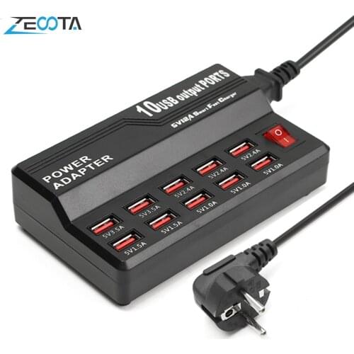 Desktop USB Phone Charger Travel Adapter Multiple 10 Port with Wall Plug Cord Charging Stations for Smart Tablet Notebook