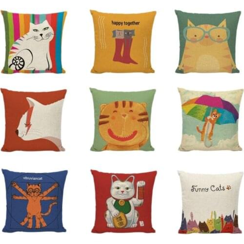 45cm*45cm Square Cartoon Cushion Cover Sofa Home Decorative Throw Pillow Case Married Family Kitten Cat Cotton Linen Pillowcases