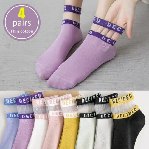 Socks Womens 4 Pair Transparent Socks Summer Casual Trend Letter Thin Cotton Patchwork Tulle Fancy Female Short Socks Fashion