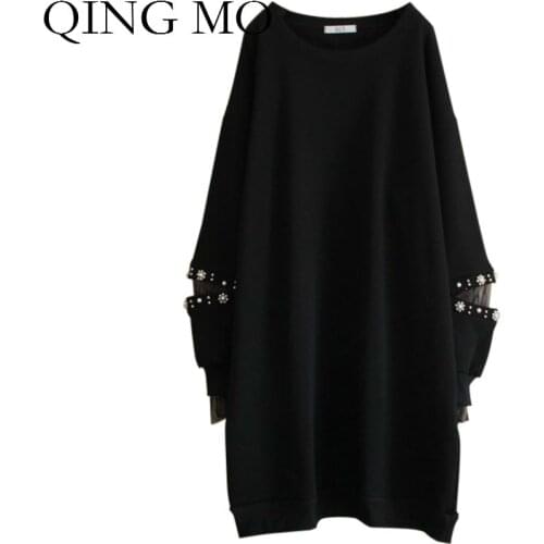 2021 Spring Autumn Large Size Women Black Dress Long Sleeve T Shirt Loose Slim Base Lace Shirt With Beading Long Shirt ZQY5202