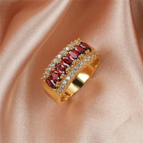 Luxury Female Red Crystal Stone Ring Charm Big Gold Color Wedding Rings For Women Promise Geometric Zircon Engagement Ring