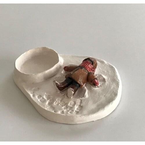 Unique Handmade Ceramic Candle Holder Hand Crafted Tealight Holder With'' Little Boy In The Playing Snow'' 1050 Degree Celcius
