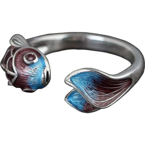 Vintage Lotus Flower Enamel Rings Lucky Fish Charm Open Ring Goldfish Flower Band Adjustable Women Fashion Jewelry