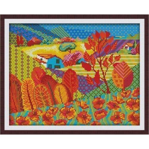 Autumn harvest cross stitch red tree plant landscape, DIY needlework, Chinese cross stitch kit, embroidery set, home decoration
