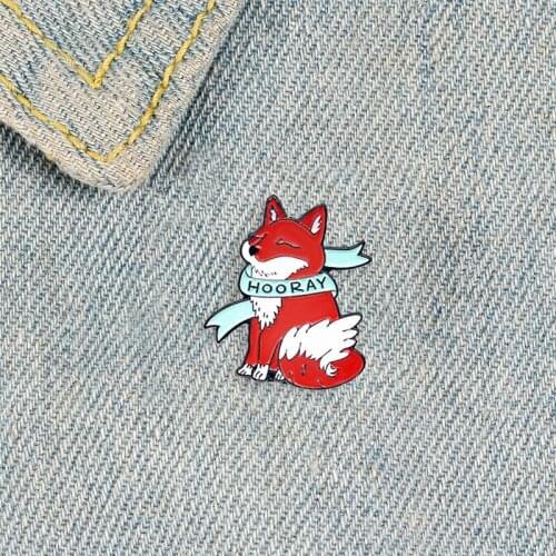 XEDZ Red Fox Enamel Pin losed Eyes Blue HOORATY Scarf Cute Cartoon Animal Brooch Clothes Jewelry Gift For Women