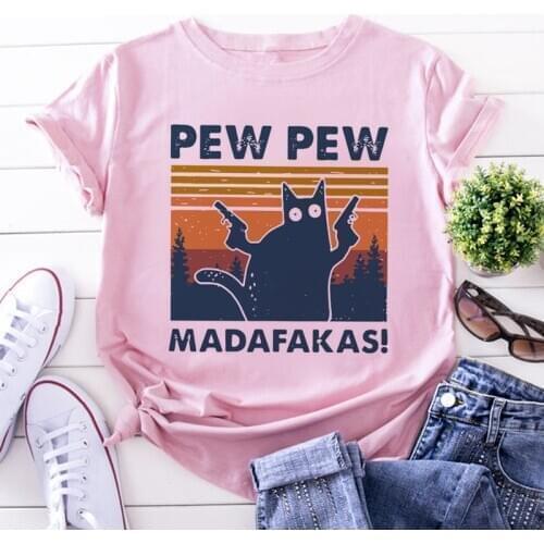 Murderous Black Cat With Gun Funny White T Shirt Pew Pew Madafakas Print T-shirt Women Short Sleeve Halloween Top Female Tshirt
