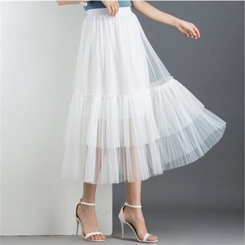 LIBERJOG Summer Skirt Woman Lace Mesh 2019 Long High Waist Elastic Split Joint Pleated