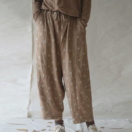 Johnature 2020 Autumn Winter New Women Retro Dot Elastic Waist Ankle-length Wide Leg Pants Loose Leisure All-match Lace Up Pants