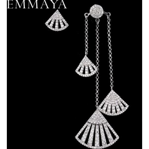 EMMAYA Luxury Silver-Color With AAA+ CZ Sector Shape Long Tassel Dangle Drop Earrings for Women