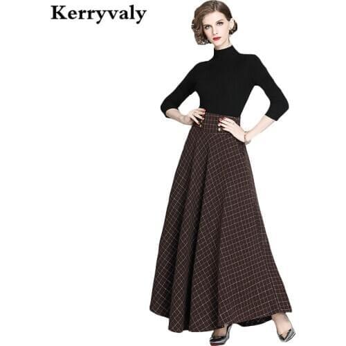 Women 2 Piece Set 2021 Spring Big Hemline High-waisted Plaid Long Bandage Skirt + Black Knit Shirt Jersey Tops K6891