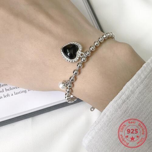 925 Sterling Silver Trendy Creative Black Heart Beads Chains Bracelets Women Jewelry
