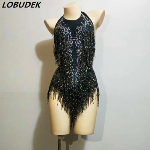 4 Colors Backless Rhinestones Tassel Bodysuit Stretch Sleeveless Catsuit Lady Latin Dance Costume Bar Nightclub DJ Singer Outfit