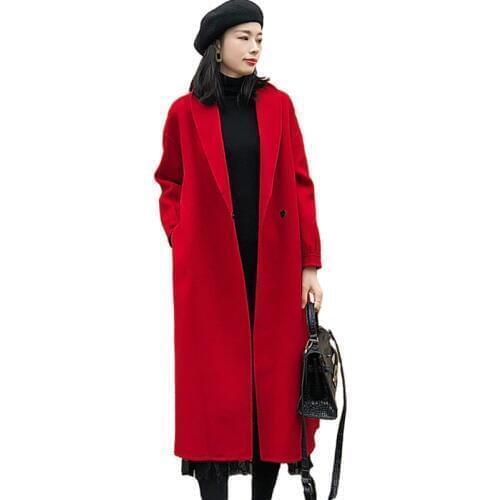 Long Woolen Coat Women 2019 Autumn Winter Korean Fashion Loose Woolen Coat Female Red Black Long Coats Plus size Elegant H707